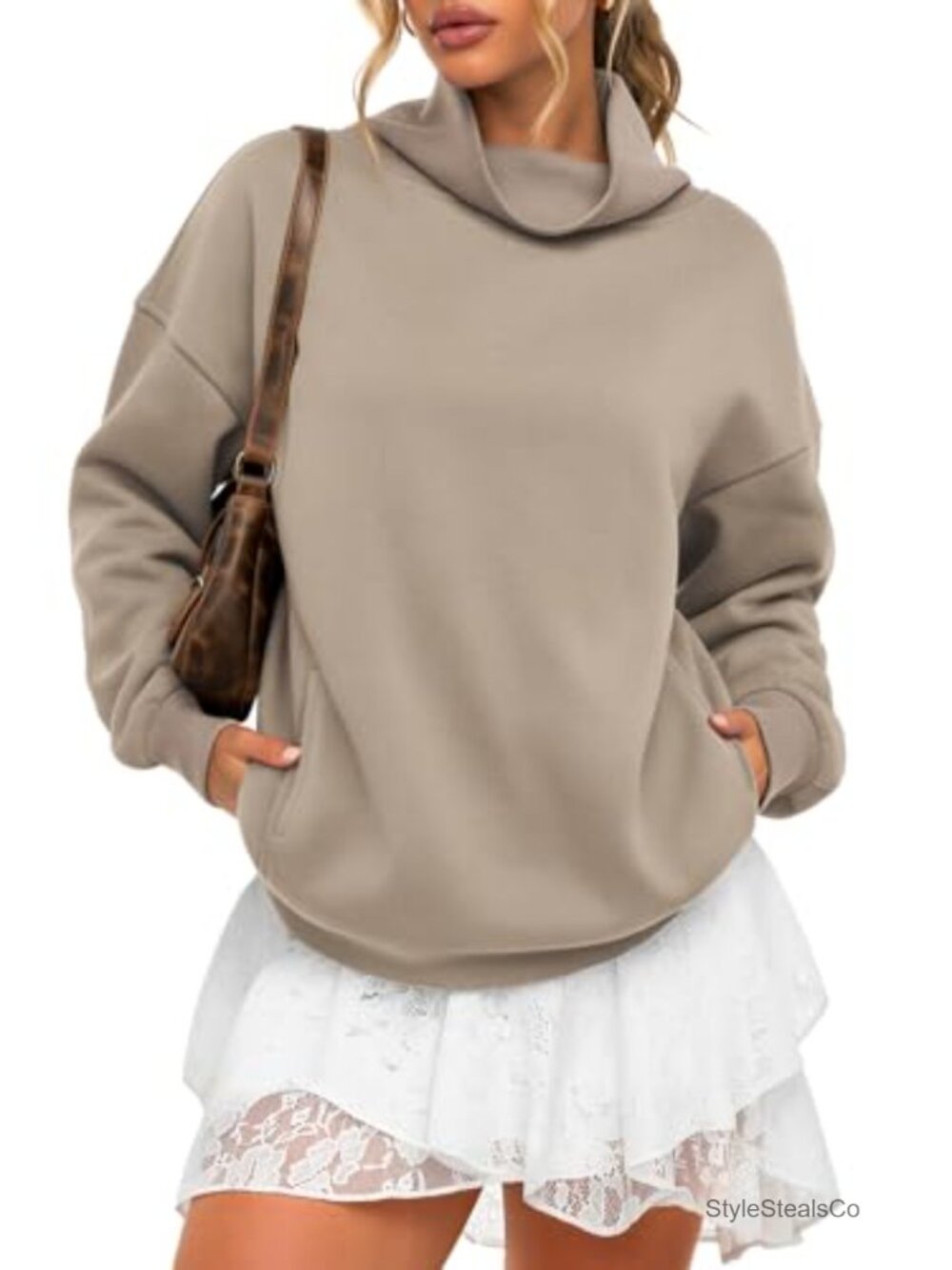 Women's Fleece Mock Neck Sweatshirt Oversized Pullover with Pockets Fall Winter